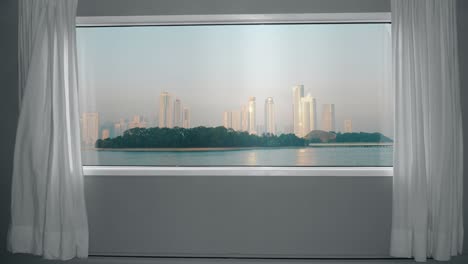 view from the window to metropolis with skyscrapers and park. background plate, chroma key video background