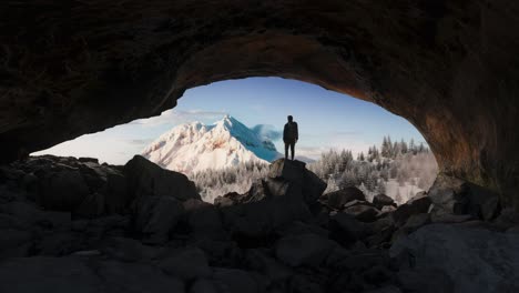 adventurous male hiker in rocky cave with snow covered mountain and tree view