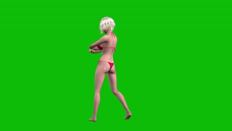 personaje femenino en 3d, mujer con cabello rubio y piel húmeda, con bikini rojo, traje de baño y gafas de sol, bailando al estilo pop de burbuja en pantalla verde, animación en 3d, vista trasera