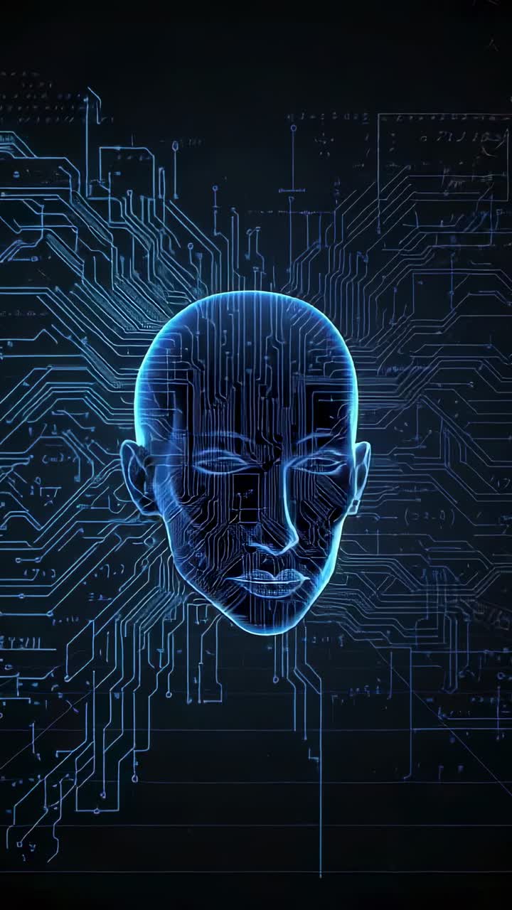 Vertical video: Emerging wireframe head rotating in data matrix pulsing network lines for analysis