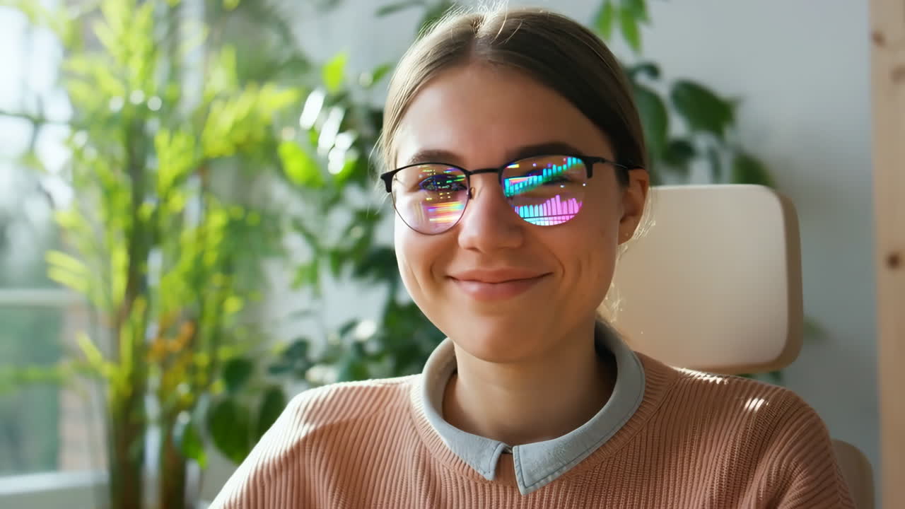Young Woman Smiling with Data Reflections in Glasses