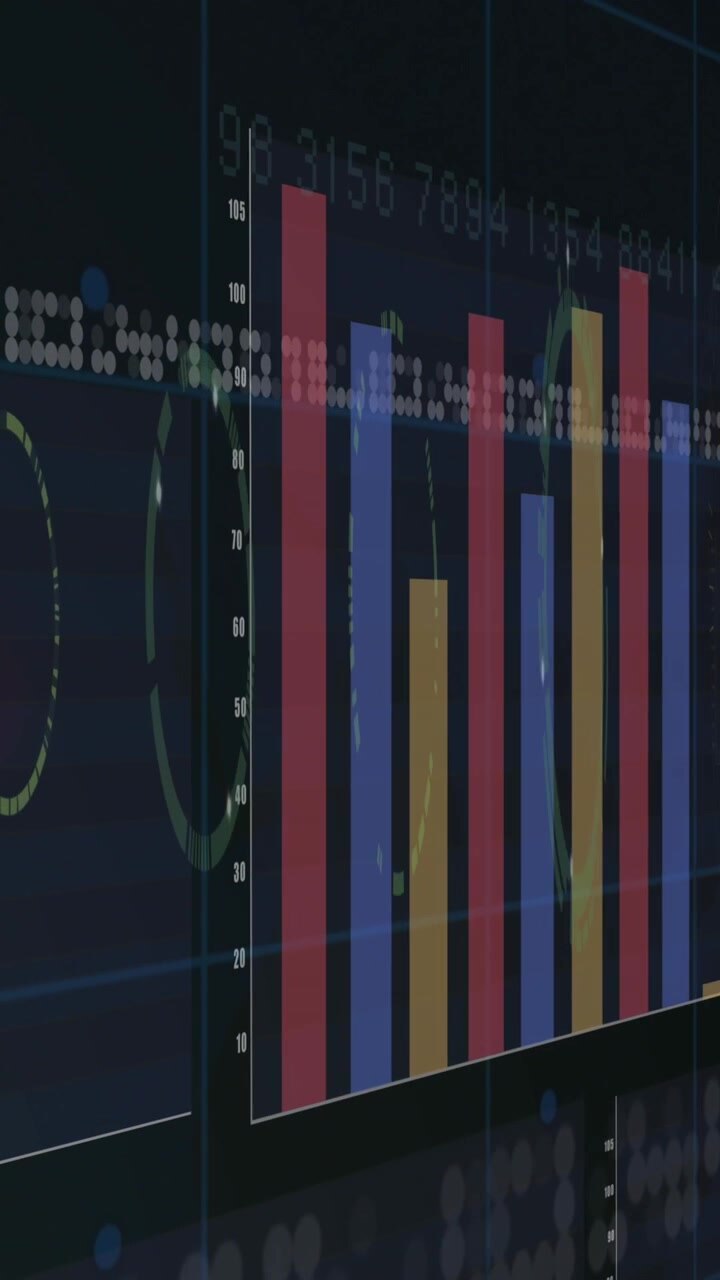 Animation of multiple graphs, numbers charts and loading circles against black background