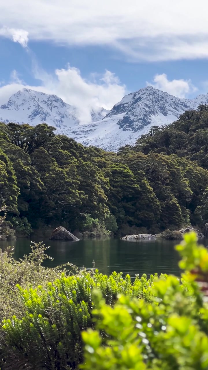 Rekaman vertikal puncak-puncak bersalju yang menjulang di atas danau berhutan yang tenang, dibingkai oleh dedaunan asli, jalur Routeburn