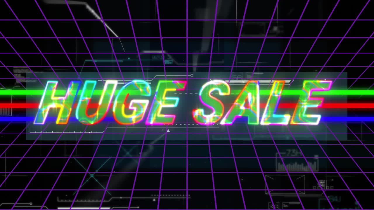 Colorful glitch animation with Huge Sale text over grid background