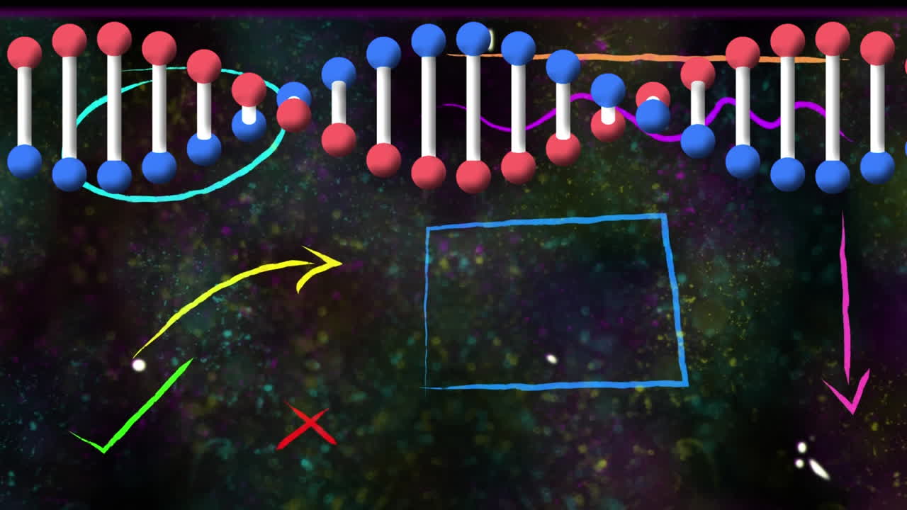 검은 바탕에 있는 다채로운 추상적인 모양과 입자에 대해 회전하는 dna 구조