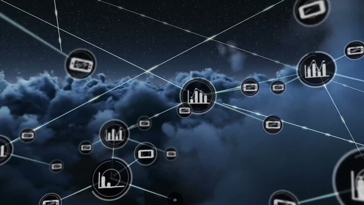 Network of digital icons over dark clouds in the sky