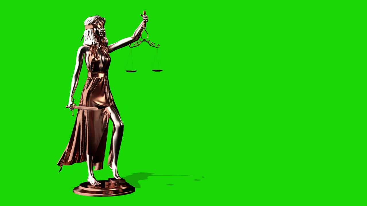 estatua de la justicia, themis, femida con escamas y una espada en sus manos. render 3d. pantalla verde.