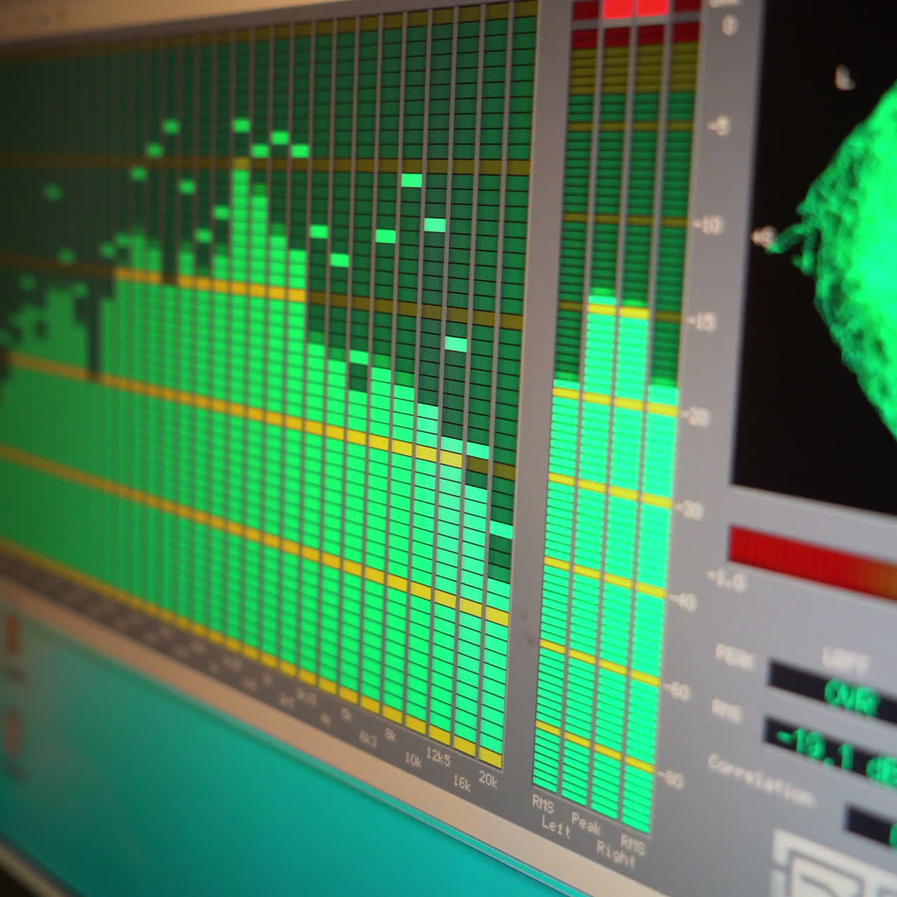 Music studio audio mixer with digital display showing audio waves. Recording Studio