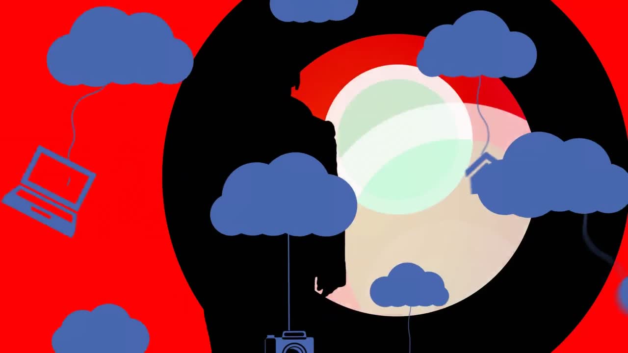 구름과 디지털 아이콘의 애니메이션 여성이 박동하는 원에서 춤을 추고 있습니다.