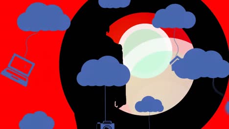 Animation-Von-Wolken-Und-Digitalen-Symbolen-über-Einer-Frau,-Die-Auf-Pulsierenden-Kreisen-Tanzt
