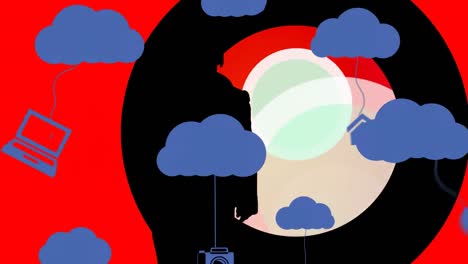 animación de nubes e iconos digitales sobre mujer bailando en círculos pulsantes