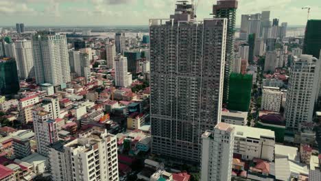 drone view of the sky then camera slowly tilting down towards the ground in the city of phnom penh, cambodia