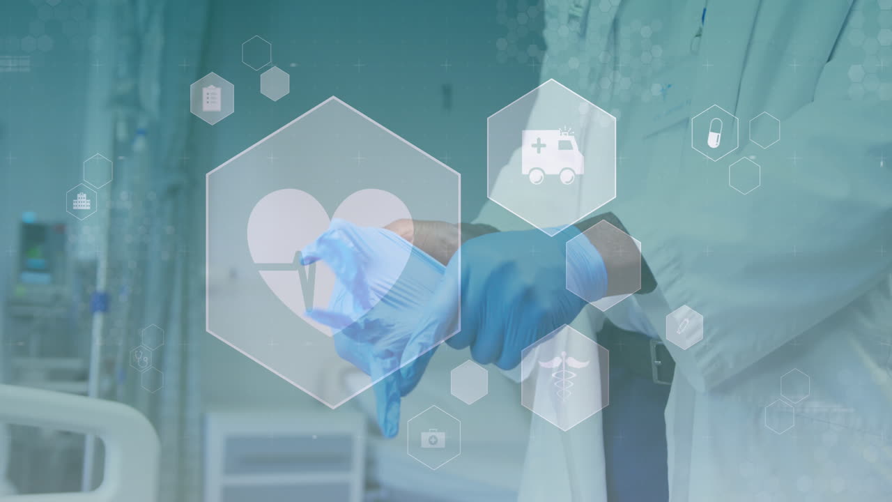 анимация медицинских икон на фоне средней секции мужского врача в хирургических перчатках в больнице