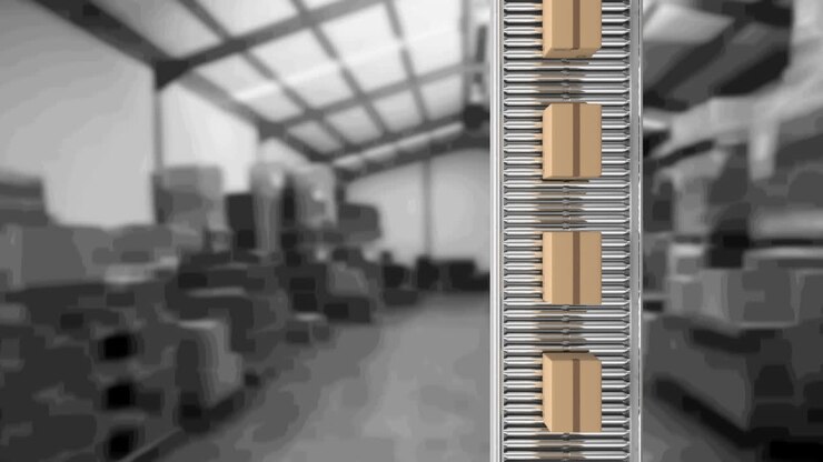 Animation of cardboard boxes moving on conveyor belt in warehouse