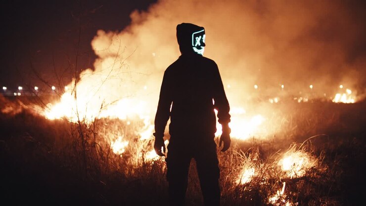 Masked Figure at Night Fire