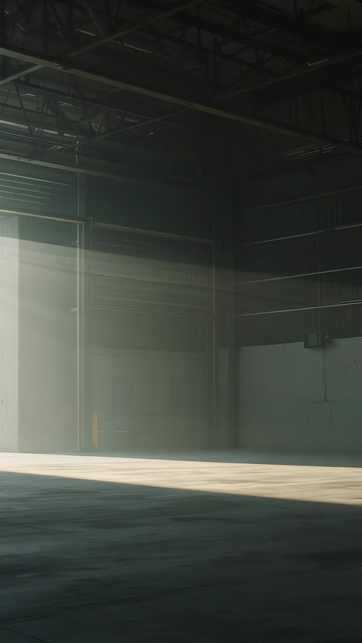 Hangar sitting empty, sunlight pouring through left door lighting floor and dust for industrial use