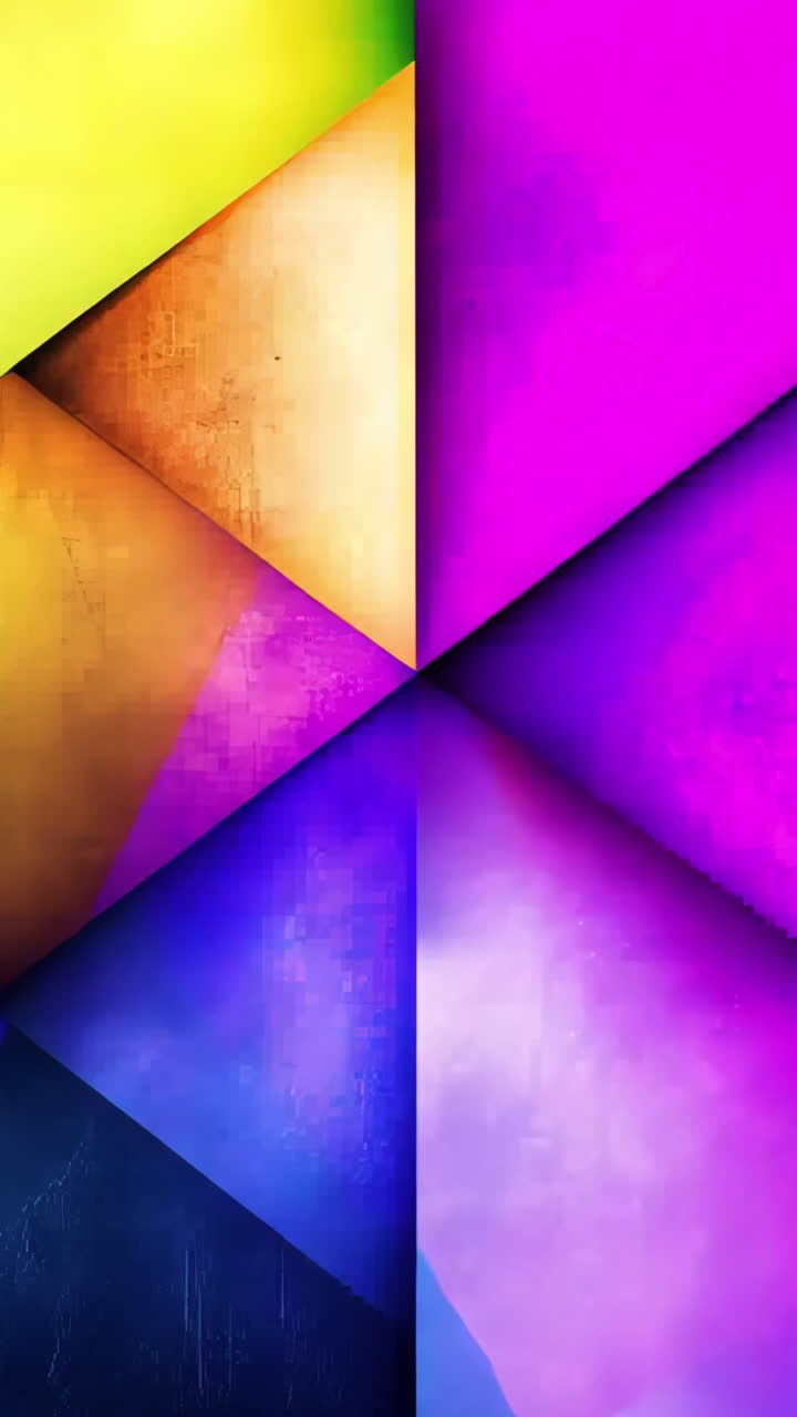 A colorful abstract painting with a lot of reds and oranges. The painting is made up of triangles and squares