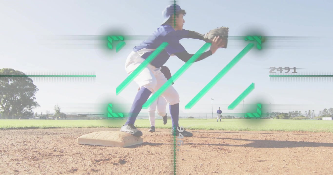 Green overlay marking base, female baseball player catching ball and tagging runner for force out