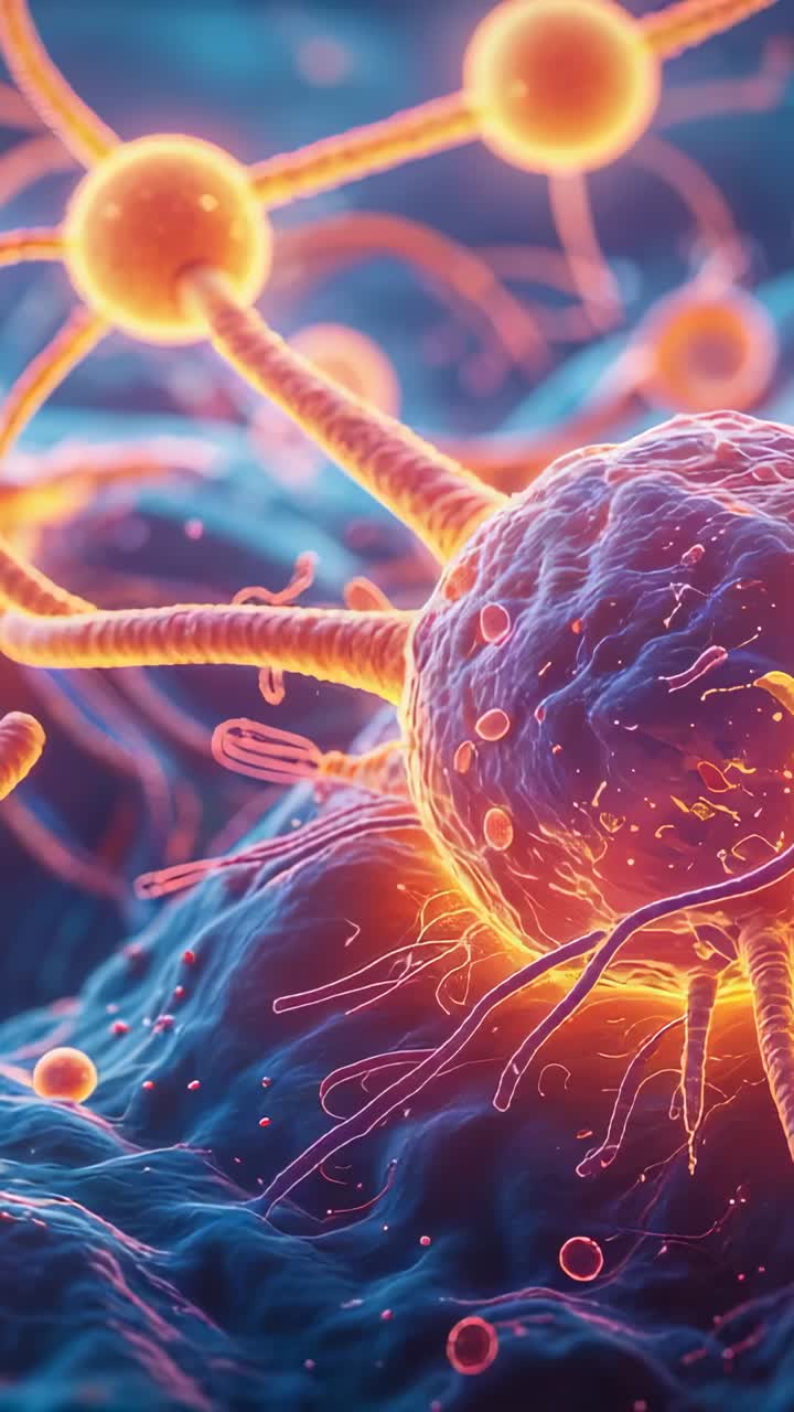 Vertical video: At start glowing neural cell showing branching fibers in microscopic neural network