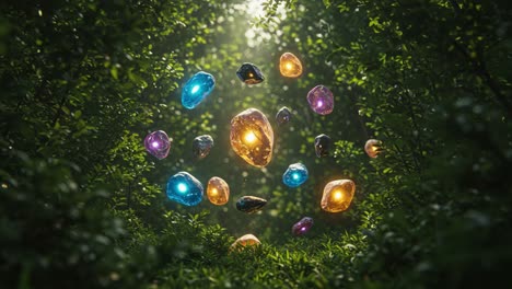 a magical display of colorful crystals floating above a lush green forest floor, illuminated by sunlight filtering through the canopy, creating a mystical atmosphere