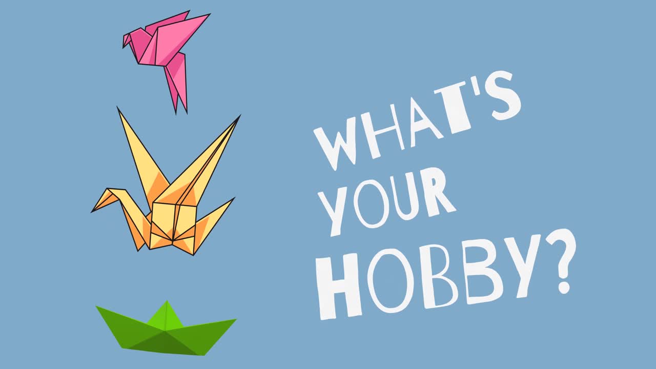 Animation of what's your hobby text in white, with origami birds and boat on blue background