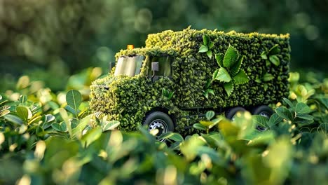 eco-friendly truck covered in green foliage