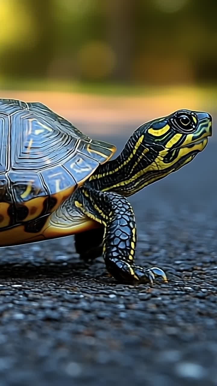 Turtle crossing a sunny road. A turtle slowly makes its way across a deserted road surrounded by greenery under bright sunlight.
