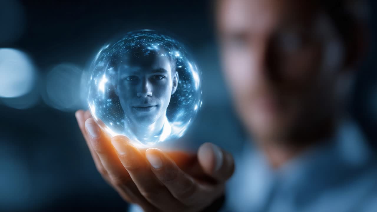 Criando uma Projeção Futurista: Uma Pessoa Segurando uma Esfera Brilhante com um Rosto Humano, Destacando Tecnologia Avançada e Imaginação.