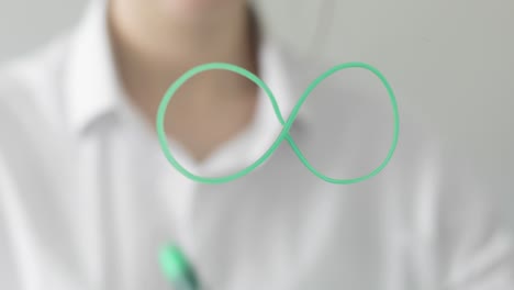 man draws infinity sign on transparent screen using green marker, hand closeup.