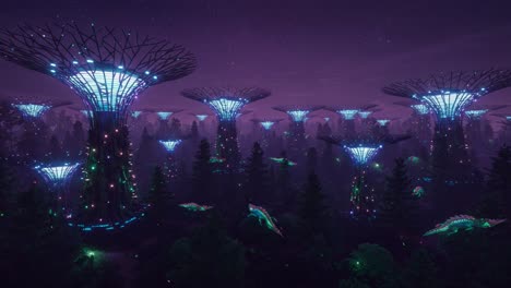 a mystical landscape of luminous trees and ethereal wildlife illuminating the night sky in a futuristic forest setting