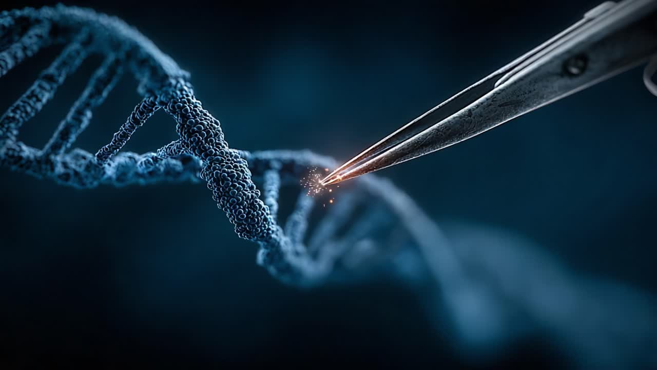Primo piano di uno strumento di precisione che taglia e modifica il DNA con particelle luminose su sfondo scuro, che evidenzia le tecniche di ingegneria genetica