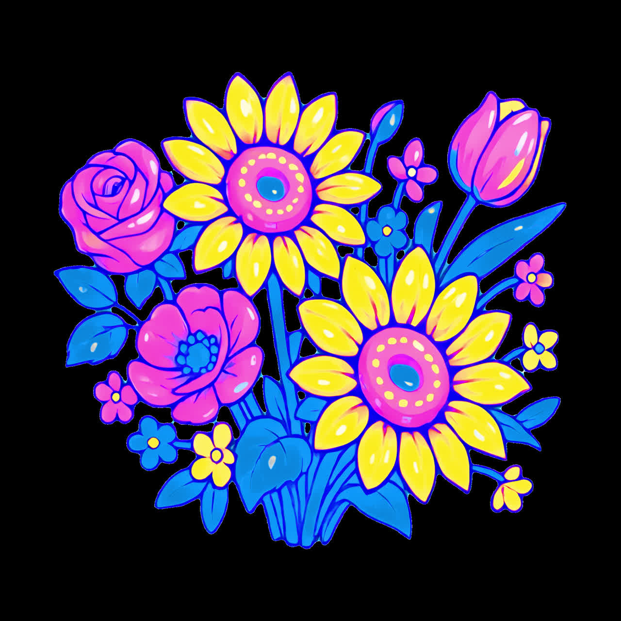 Vibrant floral illustration with sunflowers animation isolated asset, transparent 4K video, alpha
