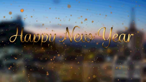 Animation-of-new-year-greetings-with-orange-spots-falling-over-cityscape-background