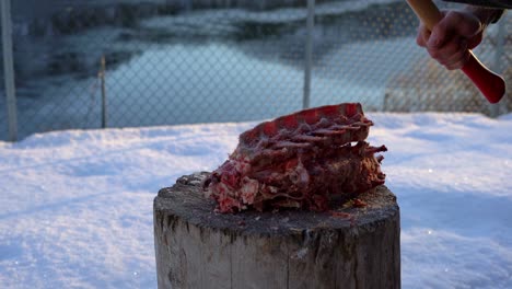 chopping frozen deer bones, delicate axe strikes in slow motion