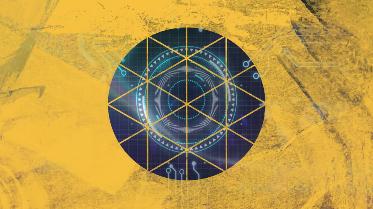 Animation of geometric pattern with digital circuit design on yellow background