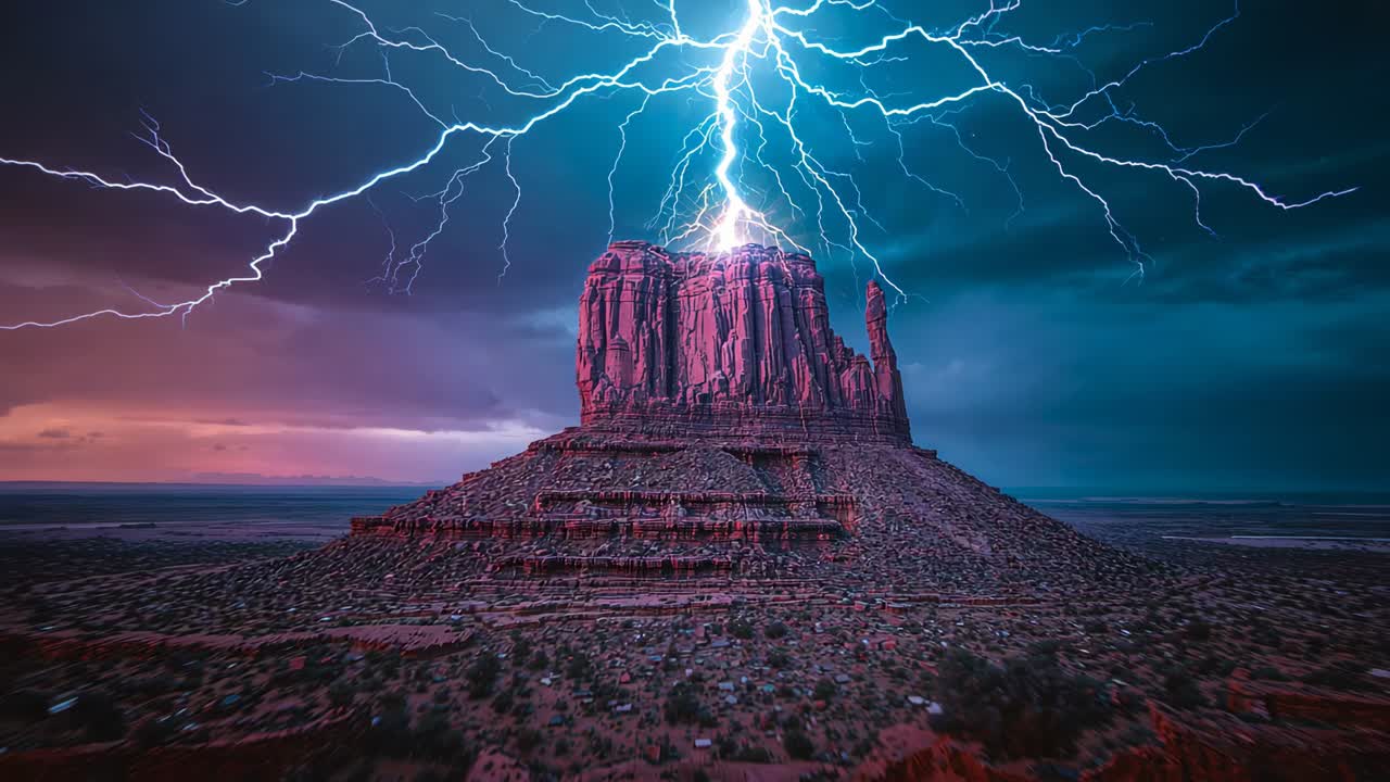 Arcing lightning bolts illuminating sandstone butte during dusk storm, casting pink-red wash