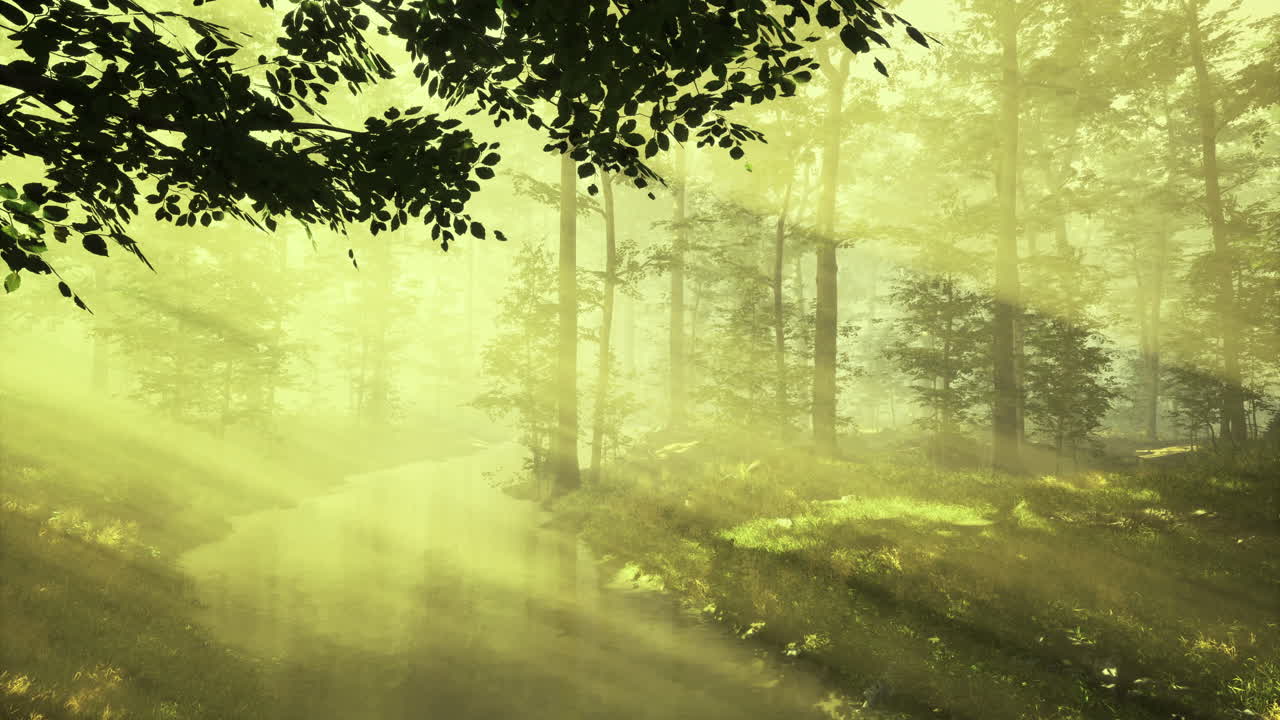 Golden sunlight penetrates the lush canopy of a tranquil forest