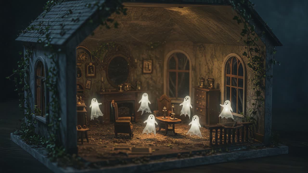 A Spooky Miniature Haunted House Filled with Playful Ghosts in a Dimly Lit Room, Adding an Enchanting Atmosphere of Mystery and Haunting Charm