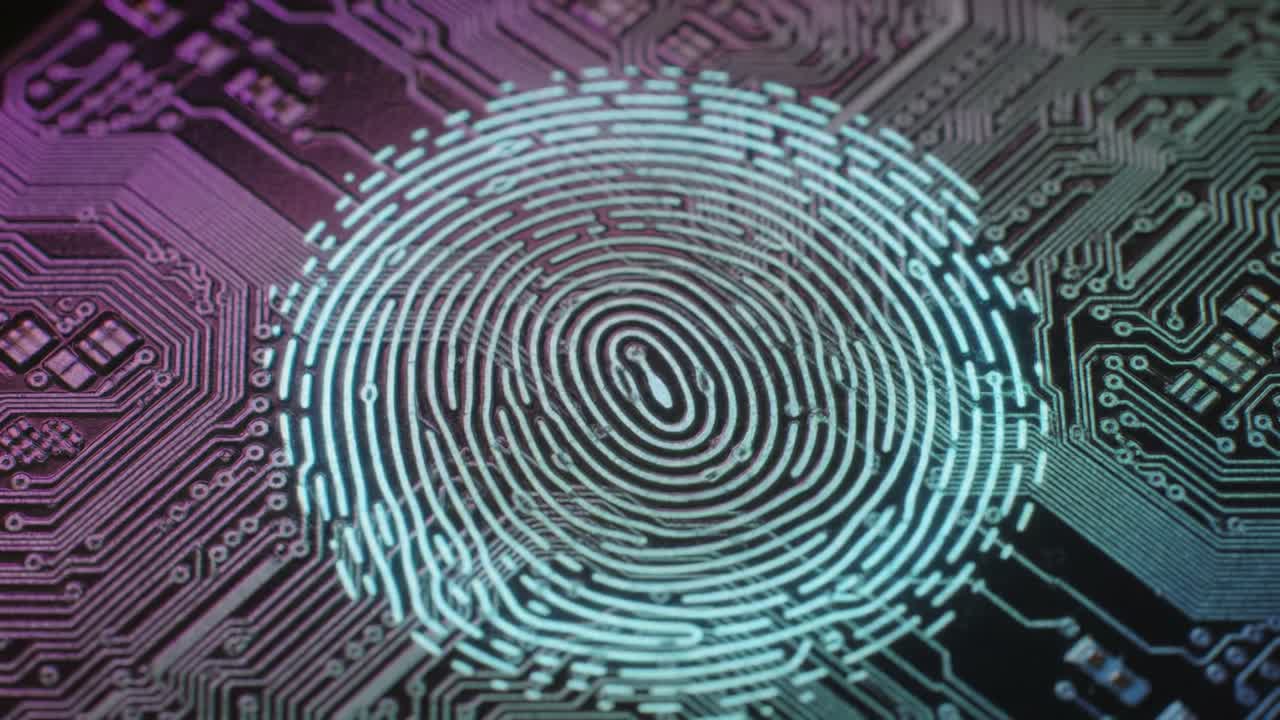 A Stunning Close-Up of a Circuit Board Pattern Merging with an Intricate Fingerprint Design, Showcasing the Convergence of Technology and Security in a Striking Visual Aesthetic