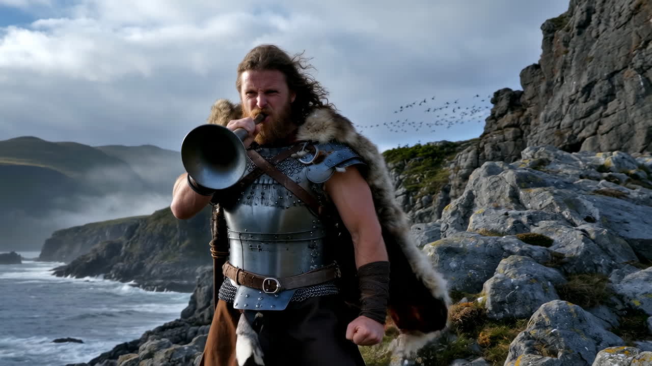 A Viking warrior blowing a horn on a rocky coast
