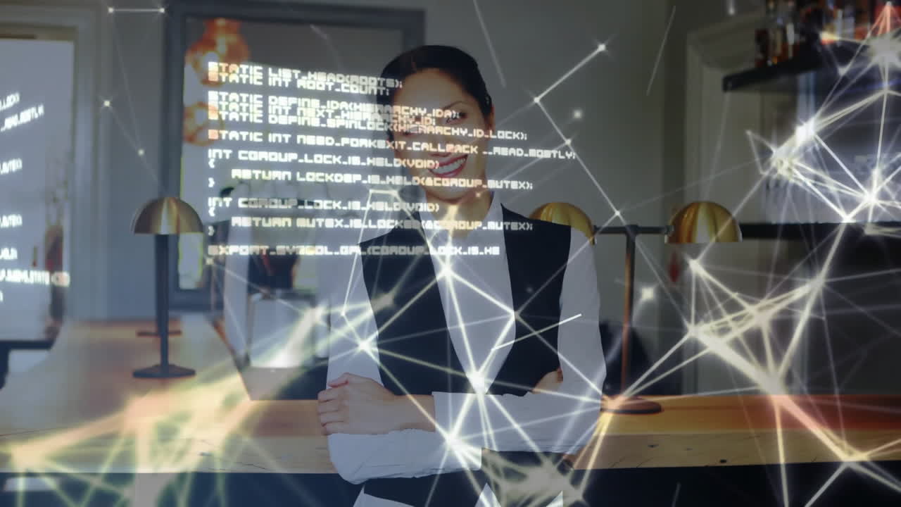 animación de la red de conexiones con procesamiento de datos sobre mujer de negocios biracial