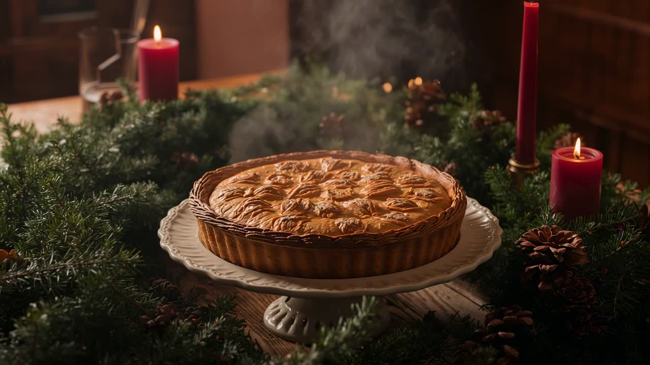 Releasing steam from fruit pie on pedestal, curling upward and drifting past wreath and lit candles