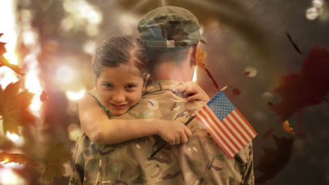 american soldier hugging his daughter and flying autumn leaves 4k