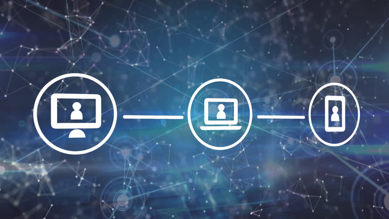 Animation of media icons and shapes on blue background