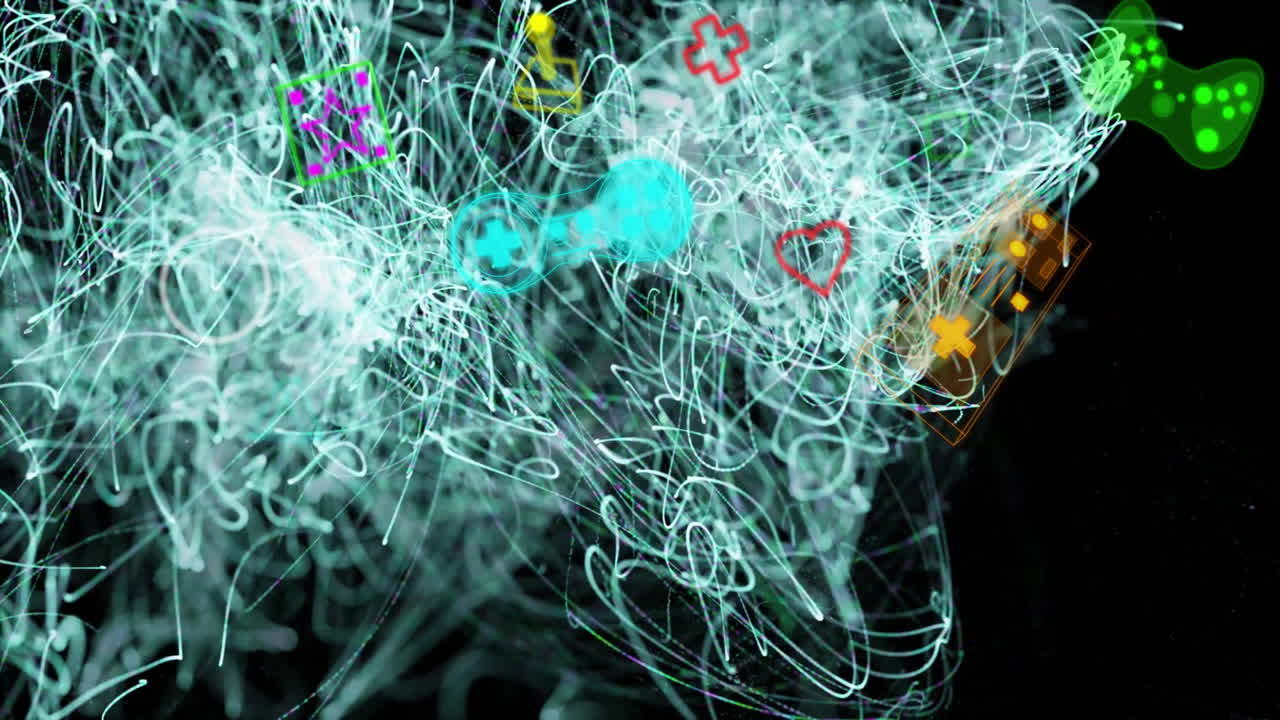símbolos médicos e iconos de juegos sobre animación de red neuronal abstracta