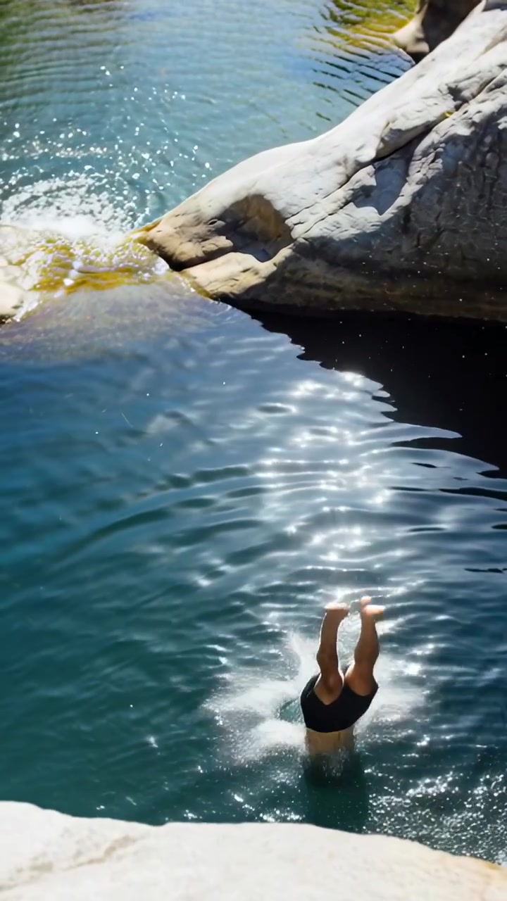 Video verticale: Uomo in costume da bagno che si tuffa in piscina da un bordo per divertimento, con orologio, spazio per il testo.