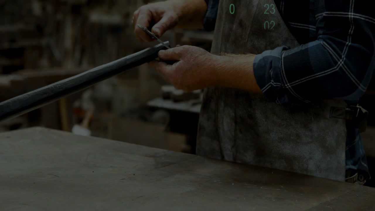 Workshop engineer using gauge and activating data overlay aligning metal tube ensuring precision