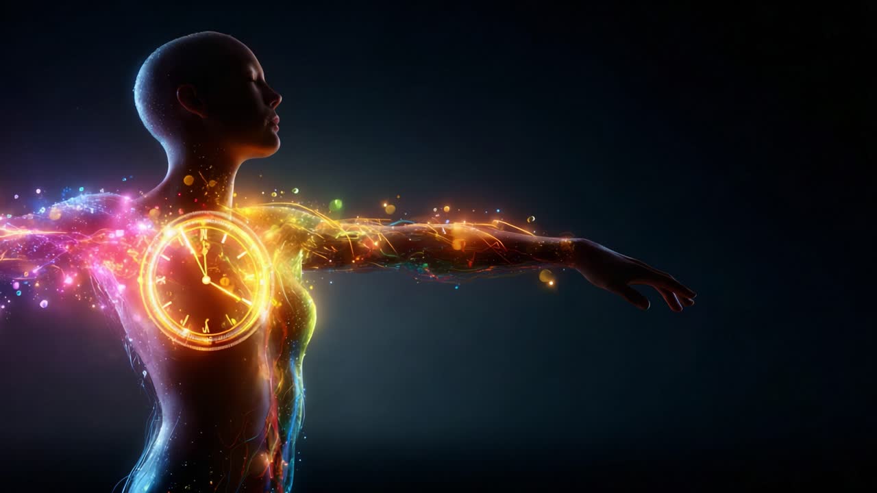 A mesmerizing fusion of art and time, this striking visual illustrates a humanoid figure with a glowing clock embedded in its chest, depicting the interplay between humanity and the essence of time itself