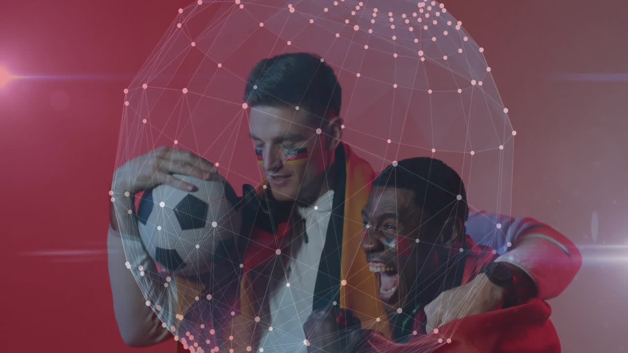 Celebrating fans with soccer ball over digital network connections animation