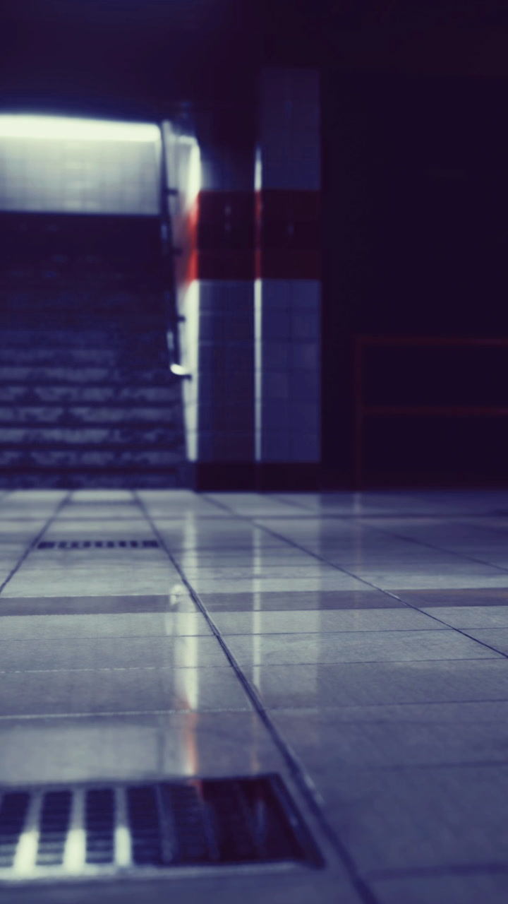 Dimly lit hallway with tiled floor and reflections in a building